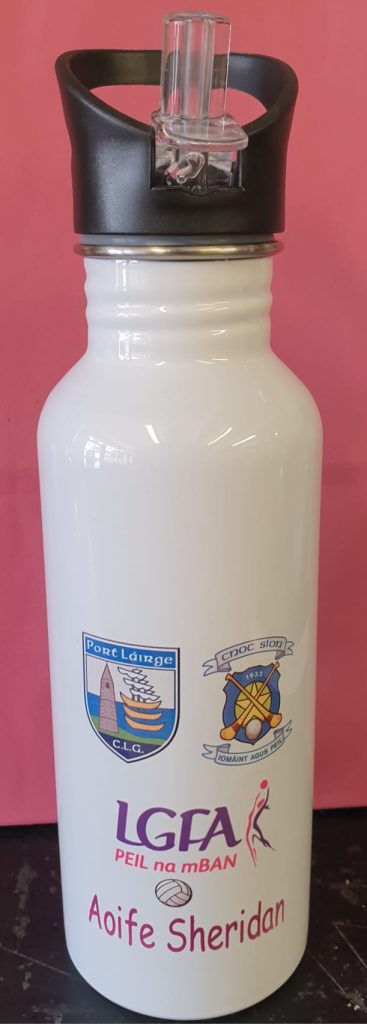 A personalised water bottle with the client's name on and the crests for the Waterford GAA County Board and the Mount Sion GAA Club.